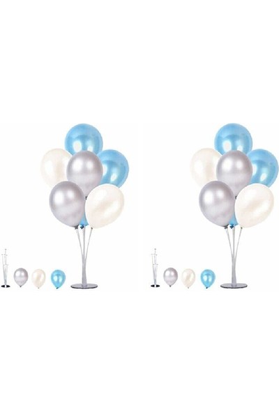Bal10 Dünyası 2 Adet 7'li Balon Standı ve 14 Adet Gümüş -Mavi - Beyaz Metalik Balon