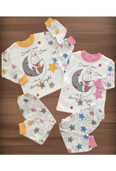 Süper Mini Penye Ay Yıldız Tavşanlı Pijama Takımı