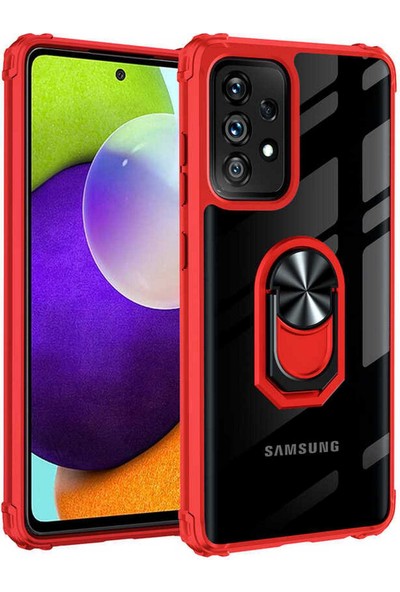 Herdem Samsung Galaxy A52 Kılıf Standlı Yüzüklü Arkası Şeffaf Silikon Kırmızı