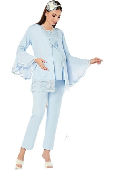 Fc Fantasy 1115 Irene Mavi Renk Kışlık Uzun Kol Sabahlıklı Lohusa Pijama Takımı