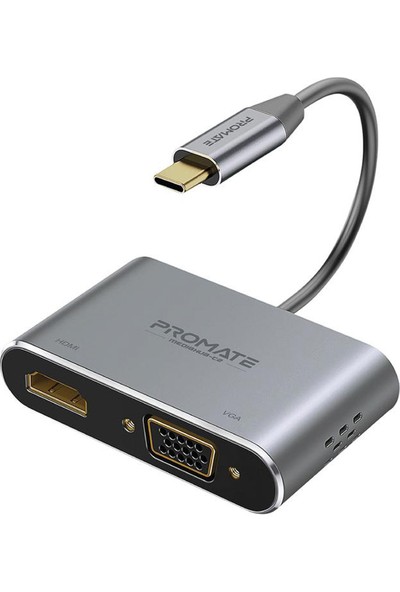 Promate Mediahub-C2 - USB Hub Dönüştürücü Type-C'den VGA ve HDMI Çıkışına 1080 P