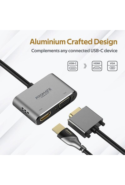 Promate Mediahub-C2 - USB Hub Dönüştürücü Type-C'den VGA ve HDMI Çıkışına 1080 P