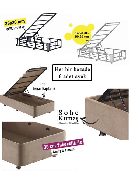 Niron Polo Baza ve Başlık Seti 90x190 cm Tek Kişilik Sütlü Kahve Metal Profil Baza ve Başlığı Soho Kumaş