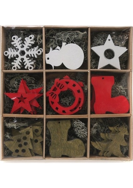 Asılabilir Yılbaşı Yeniyıl Ahşap Ağaç Süsü 36 Parça Kar Tanesi Kardan Adam Çam Ağacı Yıldız ve Patik