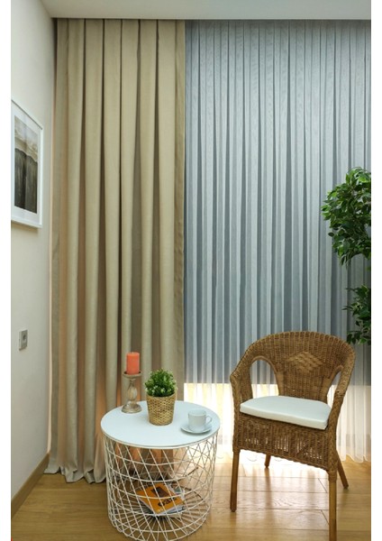 Bej Düz Renk Pileli Soft Fon Perde, 1/3 Sık Pile, Tek Kanat 70 x 250 cm