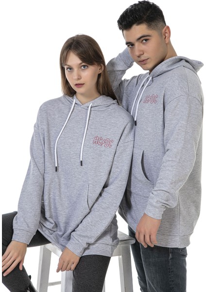 Vıshenka Unisex Ac Dc Baskılı 3 Iplik Oversize Kapüşonlu Kanguru Cepli Gri Renk Sweatshirt