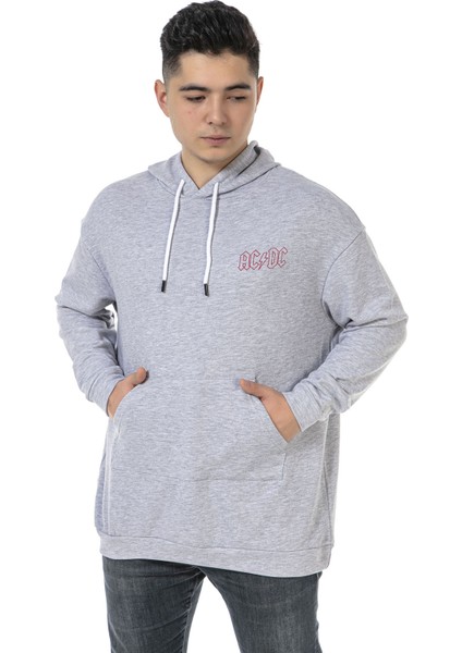 Vıshenka Unisex Ac Dc Baskılı 3 Iplik Oversize Kapüşonlu Kanguru Cepli Gri Renk Sweatshirt