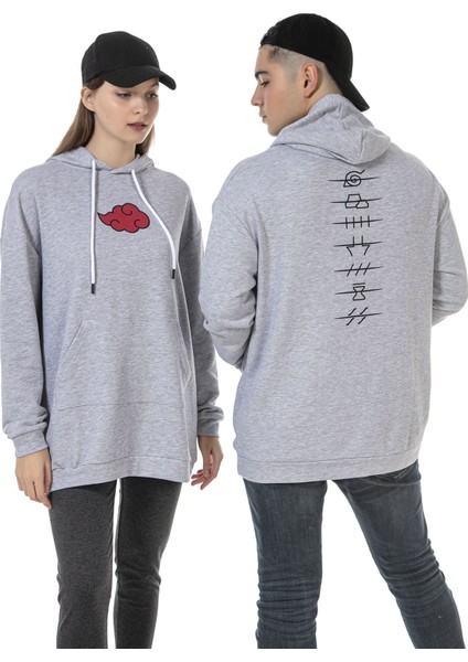 Vıshenka Unisex Ön Arka Anime Baskılı 3 Iplik Oversize Kapüşonlu Kanguru Cepli Gri Renk Sweatshirt