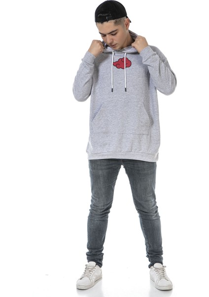 Vıshenka Unisex Ön Arka Anime Baskılı 3 Iplik Oversize Kapüşonlu Kanguru Cepli Gri Renk Sweatshirt