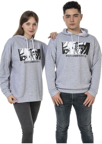 Vıshenka Unisex Anime Baskılı 3 Iplik Kapüşonlu Kanguru Cepli Gri Renk Sweatshirt