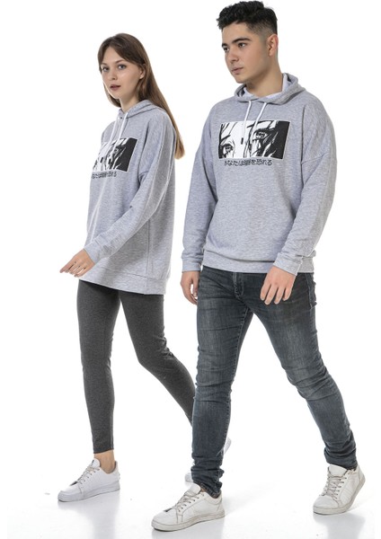 Vıshenka Unisex Anime Baskılı 3 Iplik Kapüşonlu Kanguru Cepli Gri Renk Sweatshirt