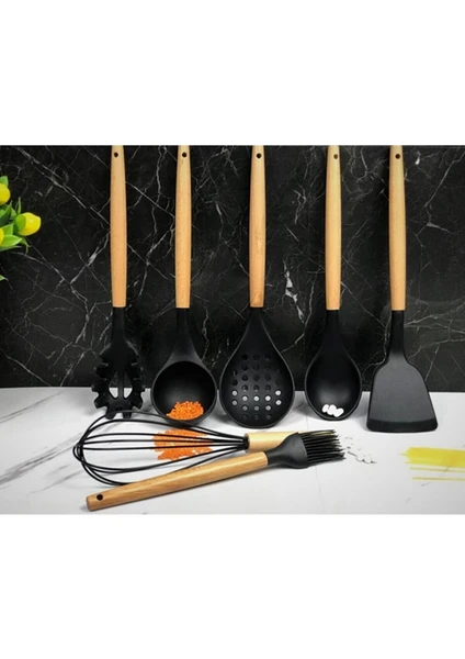 7 Parça Bambu Saplı Silikon Kepçe Spatula Mutfak Seti Siyah