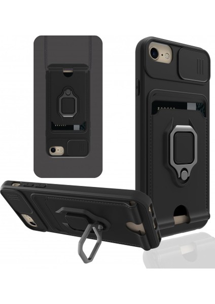 Newface iPhone 8 Kılıf Kartlıklı Magnetli Lens Kapatmalı Siyah