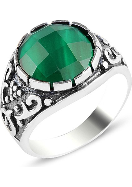 Gümüş Yeşil Taşlı Erkek Yüzük