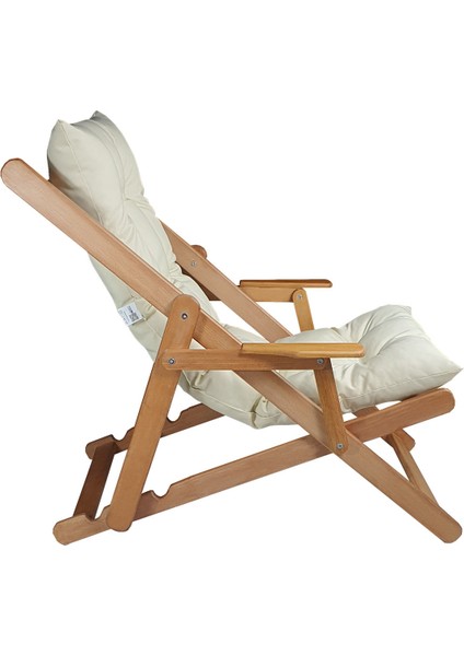 Ahşap Katlanabilir Taşınır Puf Minderli Kollu Şezlong. Plaj, Bahçe, Teras, Balkon Için (Krem) modelleri