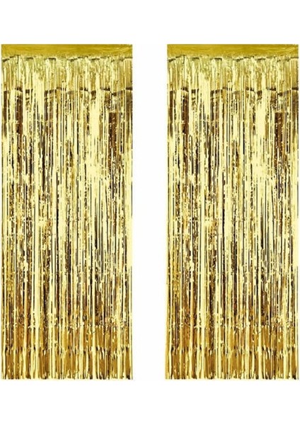2 Adet 45 cm × 200 cm Metalize Arka Fon Kapı Perdesi Püsküllü Fon Süsü Gold