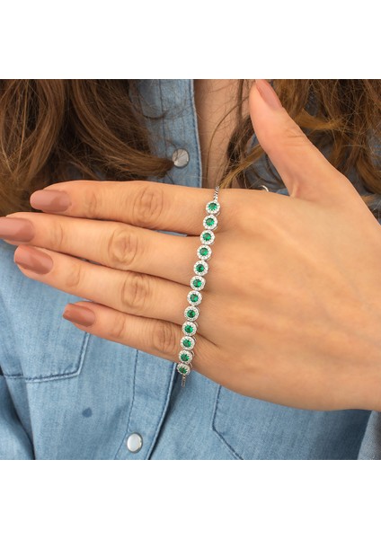925 Ayar Gümüş Yeşil Taşlı Asansörlü Bileklik