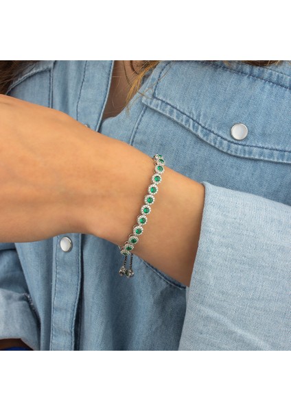 925 Ayar Gümüş Yeşil Taşlı Asansörlü Bileklik fiyatları