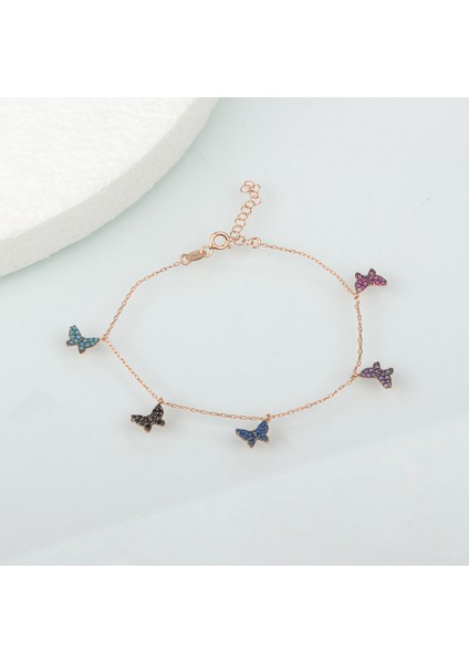 925 Ayar Gümüş Mix Taşlı 5'li Kelebek Bileklik