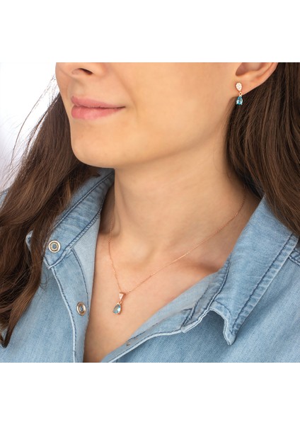 925 Ayar Gümüş Aquamarine Taşlı Damla Kolye Küpe Kombin