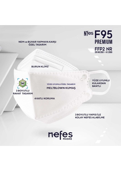 F95 / Ffp2 Premium Kore Tipi Ce-Iso Sertifikalı Tek Paketli Maske Iki Kutu