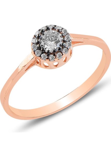 Gümüş Rose Elmas Montürlü Yuvarlak Yüzük.