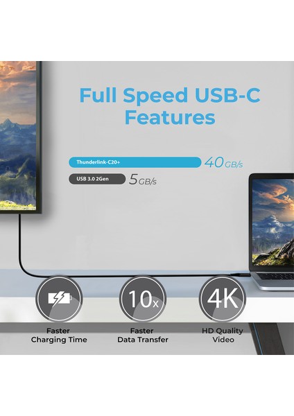 THUNDERLINK-C40 - Şarj Data ve Görüntü Aktarım Kablosu Hızlı Type-C 100W 40GBPS