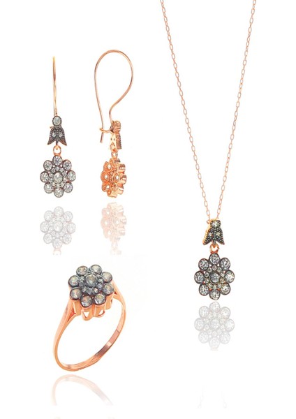 Gümüş Rose Zirkon Taşlı Elmas Montürlü Çiçek Modeli Set