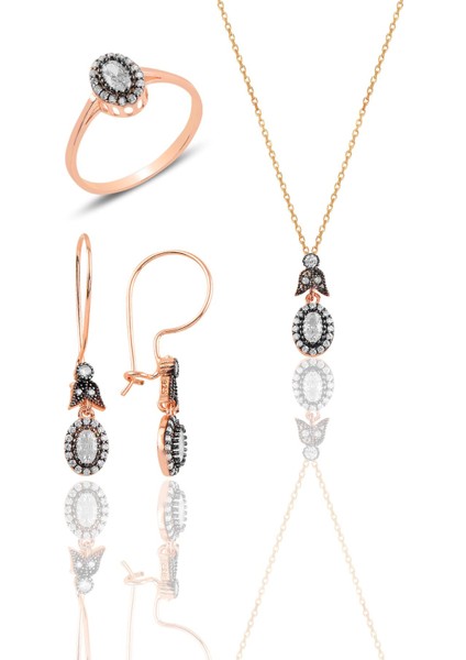 Gümüş Rose Elmas Montürlü Oval Üçlü Set…