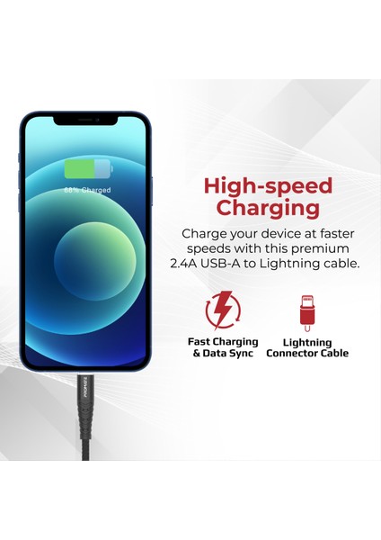 Icord-1 Siyah - Hızlı Şarj ve Data Kablosu Apple Lightning Kumaş Örgülü 1 Mt. Dayanıklı