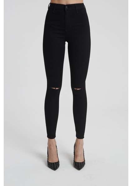 Janıe Siyah Yüksek Bel Önü Cepsiz Dizi Kesikli Jegging Jean Pantolon C 4520-007