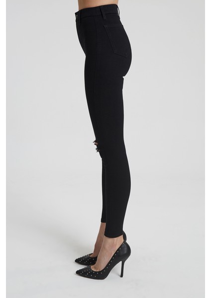 Janıe Siyah Yüksek Bel Önü Cepsiz Dizi Kesikli Jegging Jean Pantolon C 4520-007 fiyatları