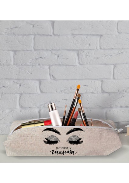 Gift But First Mascara Tasarımlı Keten Bez Kalem Çantası -1