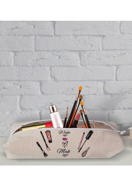 Gift Wake Up And Make Up Tasarımlı Keten Bez Kalem Çantası -1