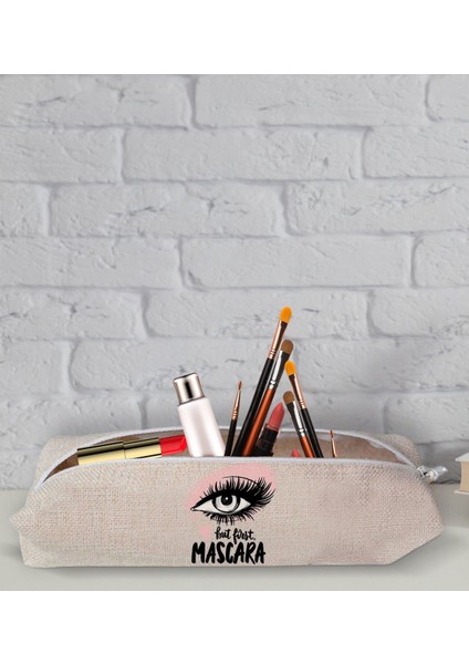 Gift But First Mascara Tasarımlı Keten Bez Kalem Çantası -2