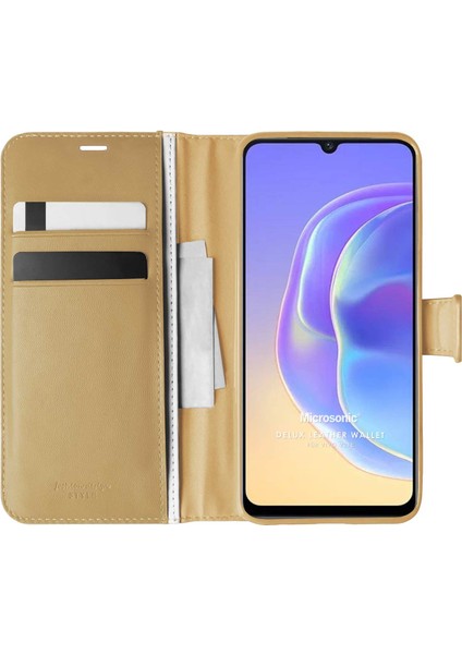 Vivo V21E Kılıf Delux Leather Wallet Gold