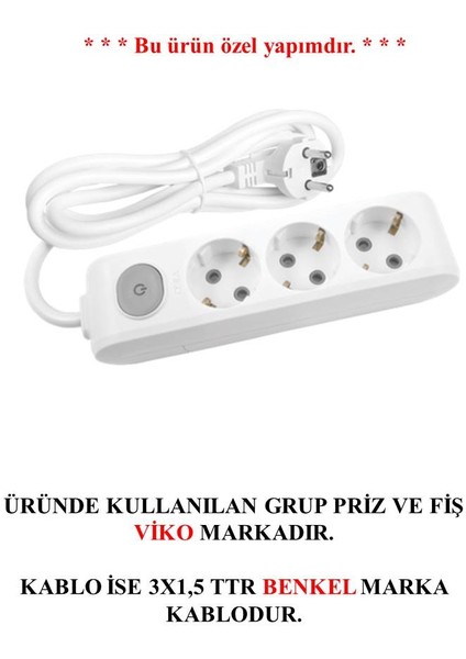 3'lü Anahtarlı Topraklı Çocuk Korumalı Grup Priz 8 Metre