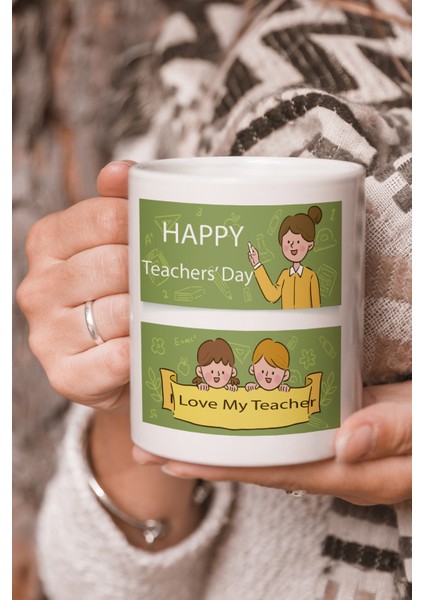 Vektörel Çizim Happy Teachers Day I Love My Teacher Yazılı Kupa Bardak