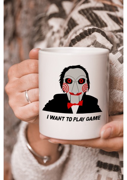 Vektörel Çizim Testere I Want To Play Game Yazılı Logo Baskılı Kupa Bardak
