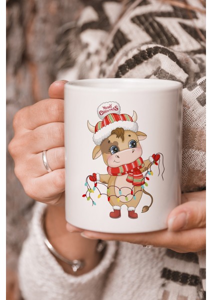 Vektörel Çizim Merry Christmas Buzağı Logo Baskılı Kupa Bardak
