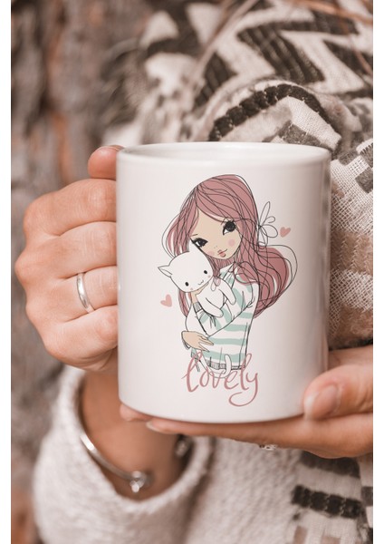 Vektörel Çizim Kız ve Kedi Lovely Sevimli Logo Baskılı Kupa Bardak