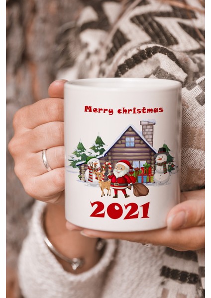 Vektörel Çizim Merry Christmas Mutlu Yıllar Noel Baba 2021 Logo Baskılı Kupa Bardak