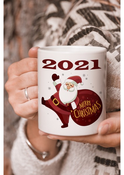 Vektörel Çizim Merry Christmas Mutlu Yıllar Noel Baba 2021 Logo Baskılı Kupa Bardak