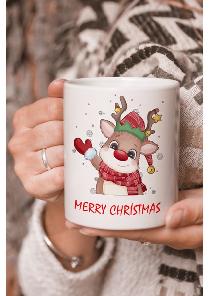 Vektörel Çizim Merry Christmas Mutlu Yıllar Ren Geyiği Logo Baskılı Kupa Bardak