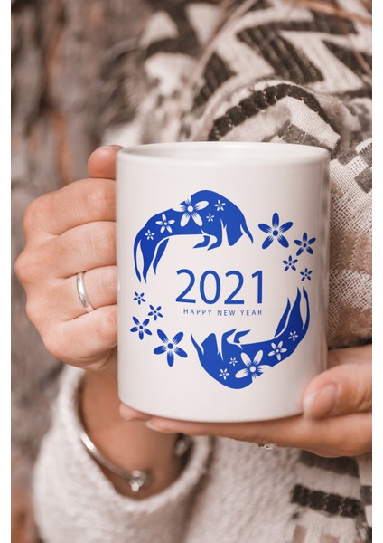 Vektörel Çizim Mavi Renk 2021 New Year Yazılı Logo Baskılı Kupa Bardak