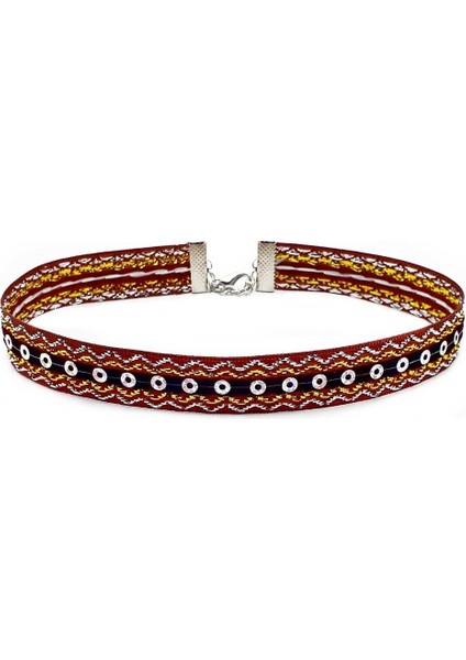 Sarı-Beyaz Simli Kahverengi Kadın Choker Tasma Kolye