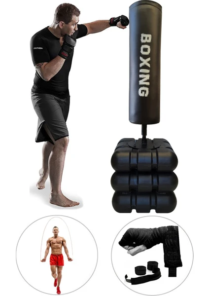 Spor Byfit 178 cm Devrilmez Ayaklı Büyük Boks Vurma Standı + Boks Bandajı + Atlama Ipi - 3'lü Set