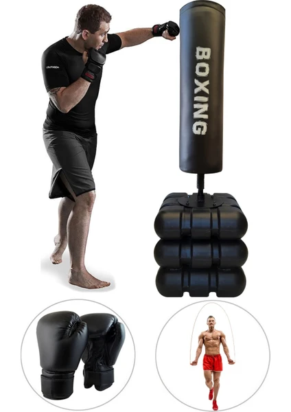 Spor Byfit 178 cm Devrilmez Ayaklı Büyük Boks Vurma Standı + Boks Eldiveni + Atlama Ipi - 3'lü Set