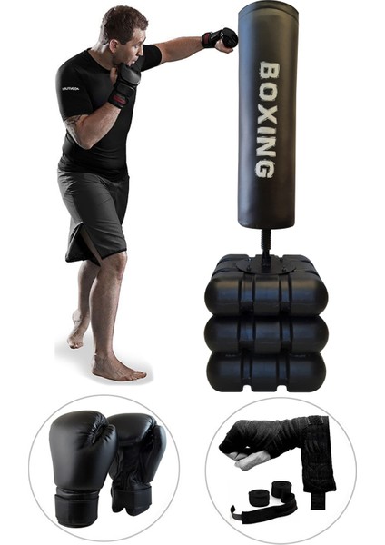 Spor Byfit 178 cm Devrilmez Ayaklı Büyük Boks Vurma Standı + Boks Eldiveni + Boks Bandajı - 3'lü Set