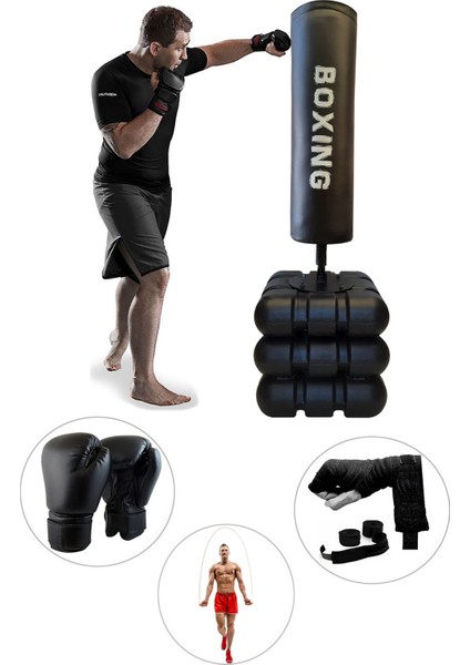 Spor Byfit 178 cm Devrilmez Ayaklı Büyük Boks Vurma Standı + Boks Eldiveni + El Bandajı + Atlama Ipi - 4'lü Set